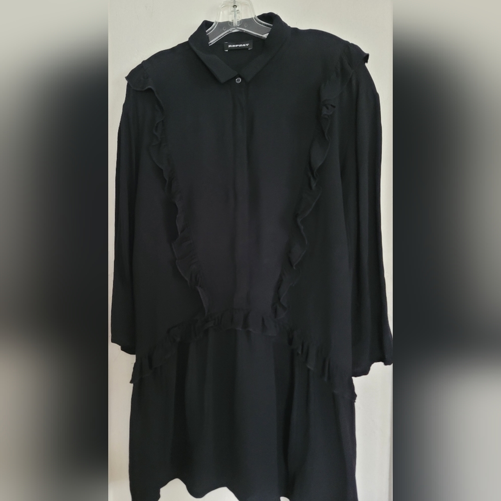 Repeat Cashmere Black Ruffle Mini Shirt Dress Womens Size 42/Medium Crepe - Picture 9 of 15
